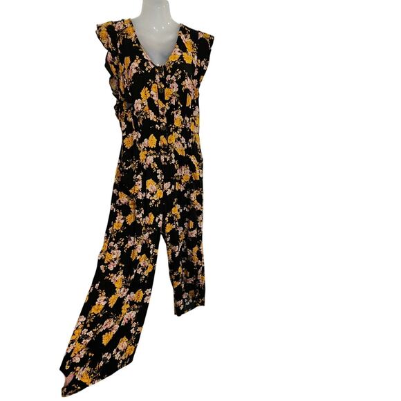 Xhilaration Flutter Sleeve Floral Jumpsuit V-Neck Black Yellow Size Large - Picture 1 of 12